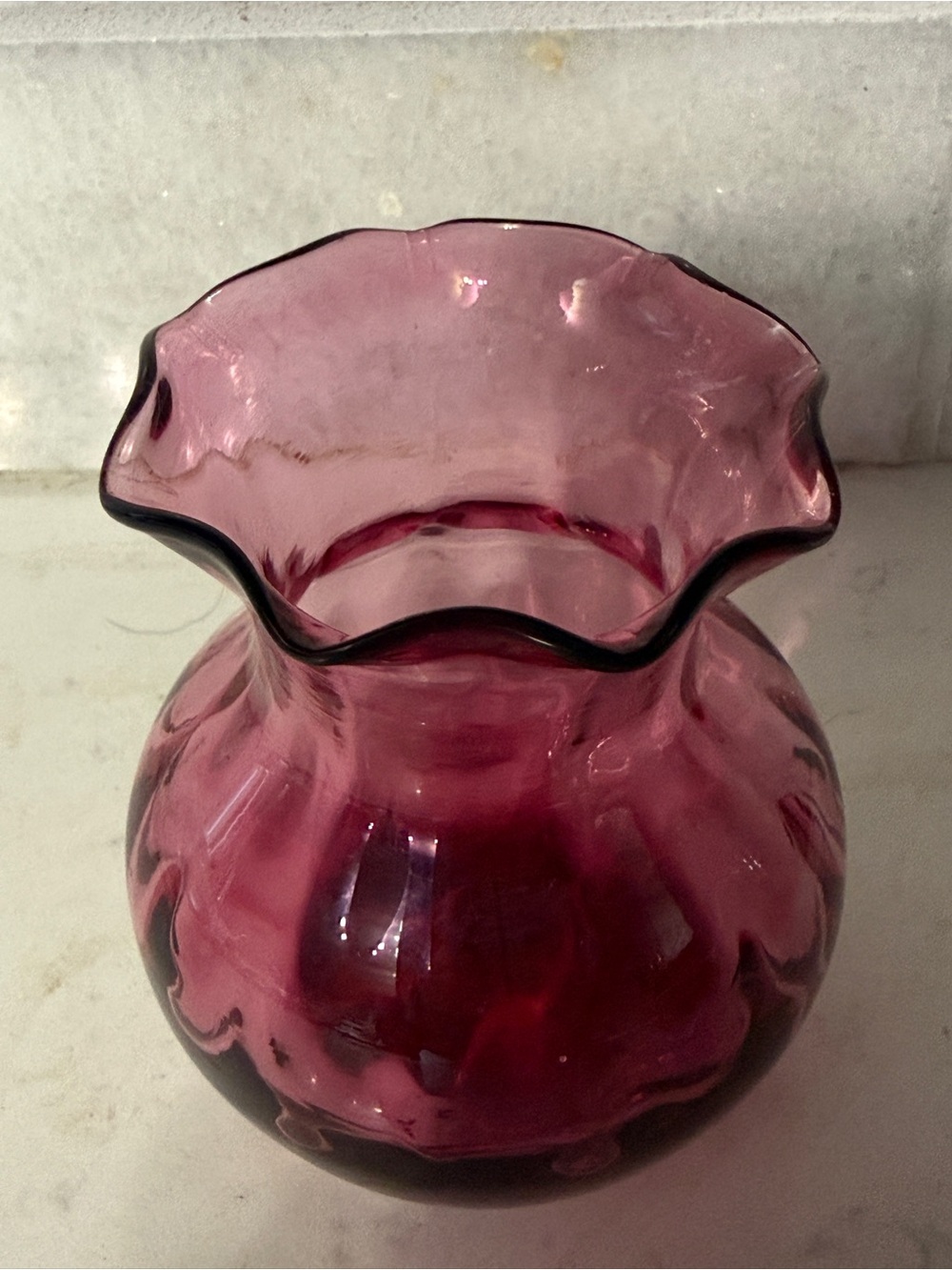 Vintage Handblown cranberry glass Ruffled mini rose bowl vase 4”